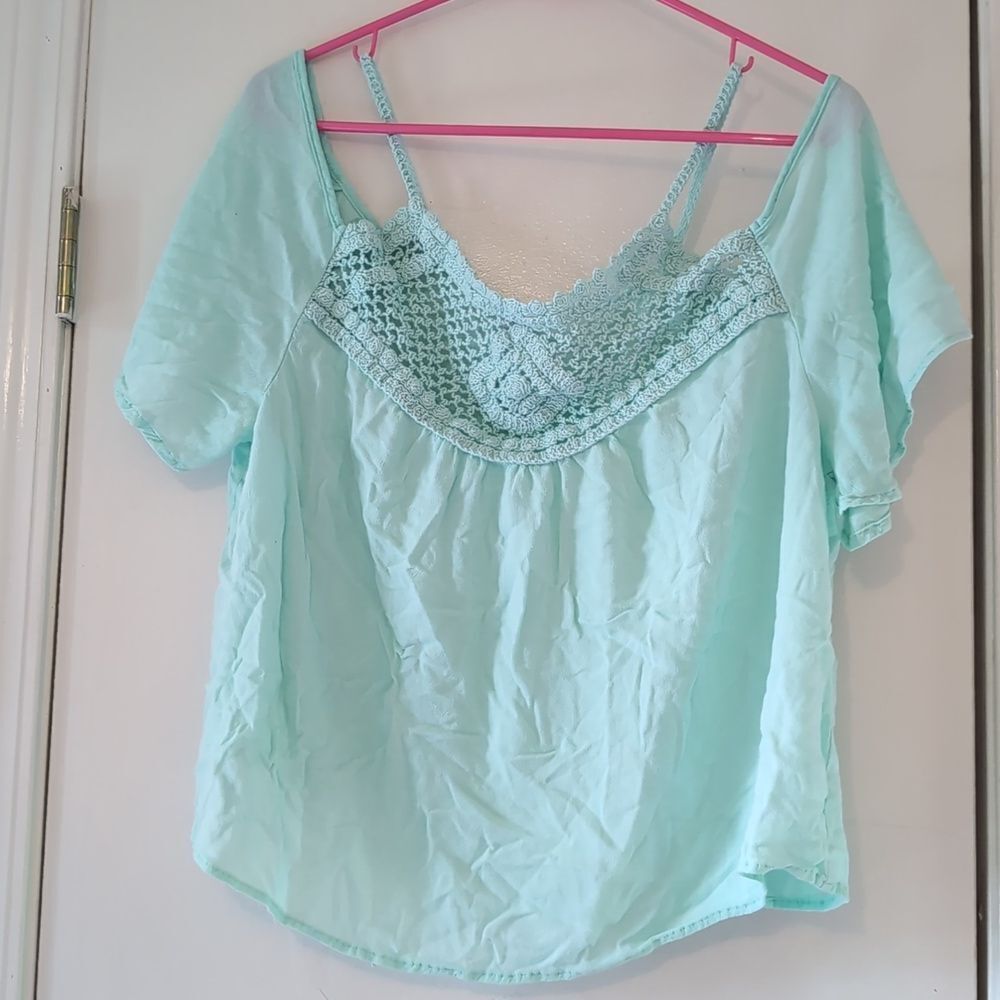 No Boundaries Blue Open‎ Shoulder Blouse with Crochet Front Size 2XL